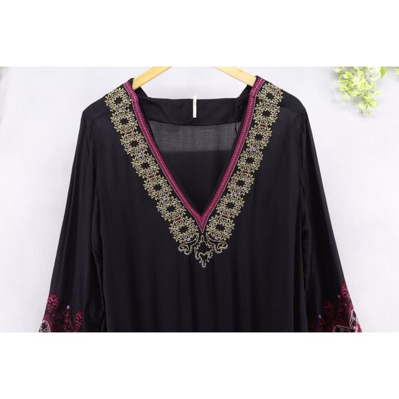 Free People Women's Black Drop Waist Embroidered Mini Dress Bohemian Sz S - Picture 3 of 9